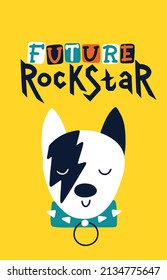 Future rock star. Postcard with a dog. Vector cartoon character. Illustration on a yellow background for children in the style of funny doodles. Ideal for printing on baby clothes, t-shirts