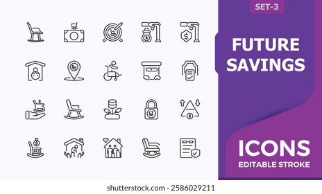 Future Savings modern icon. Featuring investment, retirement fund, dinner, icon, set, health and more. Thin icon design. Minimalist vector.