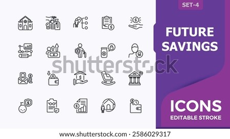 Future Savings modern icon. Featuring investment, retirement fund, dinner, icon, set, health and more. Thin icon design. Minimalist vector.