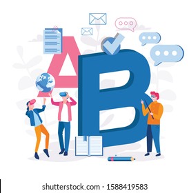 Future school, E-learning, young people are online education, big letters A B, people in VR gasses, Vector illustration for web banner, infographics, mobile.