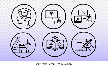 Coleção de ícones da escola futura. Tecnologia da educação moderna símbolos de aprendizagem inovadores. E-learning escrita de engenharia de sustentabilidade de aprendizagem à distância. Vetor de plano de fundo preto de arte de linha minimalista