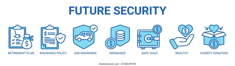 Concepto de Ilustración vectorial de ícono de Anuncio del futuro Web de Seguridad con ícono de Plan de jubilación, póliza de seguro, seguro de automóvil, seguro financiero, bóveda segura, rico y donación de caridad.