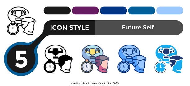 Future Self icon for representing envisioned personal identity systems, long-term self-development patterns, and aspirational growth concepts. Line, Filled, Color, Dualtone style.