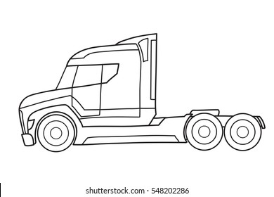 Future semi truck with sleeper towing engine transport. American tractor, side view. Vector doodle illustration
