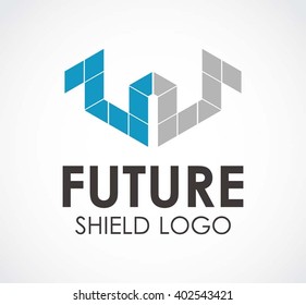 Future shield of digital protection abstract vector and logo design or template safety technology business icon of company identity symbol concept
