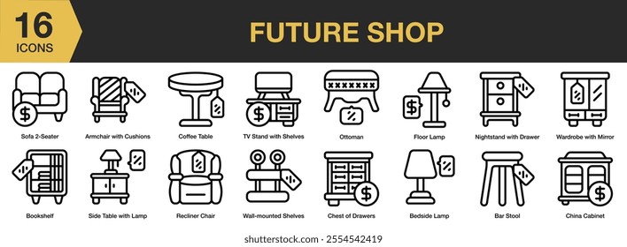 Future Shop icon set. Includes sofa, coffee table, bookshelf, floor, floor lamp, and More. Outline icons vector collection.