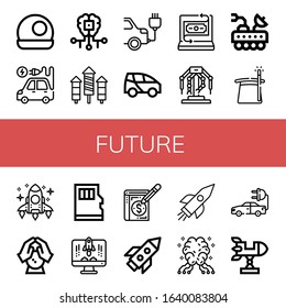 future simple icons set. Contains such icons as Crystal ball, Electric vehicle, Artificial intelligence, Rocket, Electric car, Fintech, Robotics, can be used for web, mobile and logo