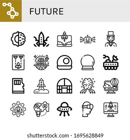 futuros iconos simples conjunto. Contiene iconos como Constellation, inteligencia artificial, Rocket, Robot, Magician, Spaceship, colonización espacial, puede ser usado para web, móvil y logo