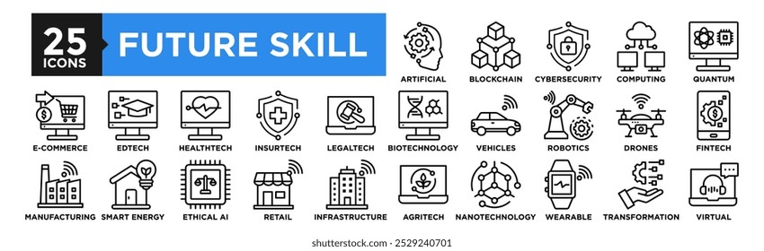 Conjunto de coleta de ícones Habilidade Futura. Contendo tecnologia de design, conceito, negócio, futuro, habilidade, inovação