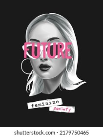 future slogan on black and white girl in sunglasses vector illustration on black background