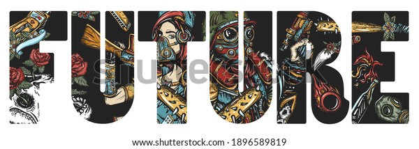 Future slogan. Post apocalypse art. Post apocalyptic man warrior, soldier woman in gas mask. Doomsday girl and gun, end of world art. People and weapon. Nuclear war concept