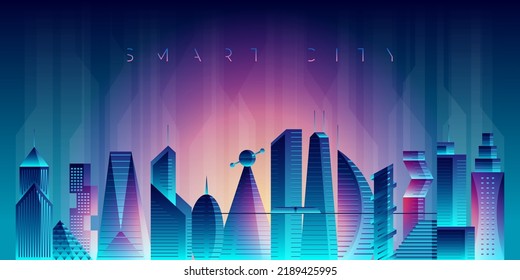 Future smart city landscape concept. Skyscrapers in abstract panoramic bright night futuristic metropolis. Cyberpunk glowing lights cityscape. Modern creative urban architecture. Vector illustration