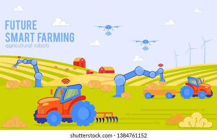 Future Smart Farming Agricultural Robots Flat. Development Trend Unmanned Vehicles In World. Tractor Drone Moves On Map Data. Trajectory Movement Robotics Using Special Programs, Cartoon.