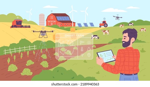 Future smart farming. Industrial agriculture farm automation technology, field digital sensors connection data phone mobile iot drone gps ai equipment, vector illustration of future agricultural