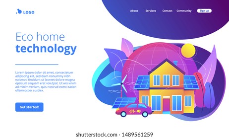 Future smart tech. Alternative electrical power, ecology friendly energy. Eco house, environmentally low-impact home, ecohome technology concept. Website homepage landing web page template.