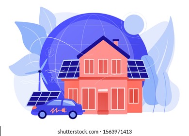 Future smart tech. Alternative electrical power, ecology friendly energy. Eco house, environmentally low-impact home, ecohome technology concept. Pinkish coral bluevector isolated illustration