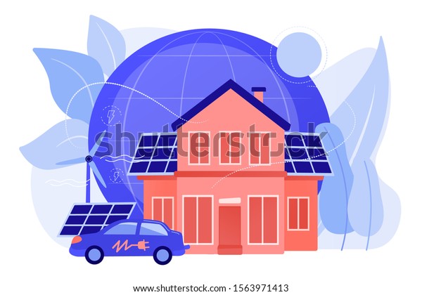 Future smart tech. Alternative electrical
power, ecology friendly energy. Eco house, environmentally
low-impact home, ecohome technology concept. Pinkish coral
bluevector isolated
illustration