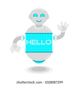 future smile cute modern smart robot hang in the air thanks to gravity show blue hologram say hello. Future concept modern technology system. Modern vector style flat design. Isolated white background