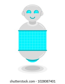 future smile cute modern smart robot hang in the air thanks to gravity. Show blue hologram. Future concept modern technology system. Modern vector style flat design. Isolated white background