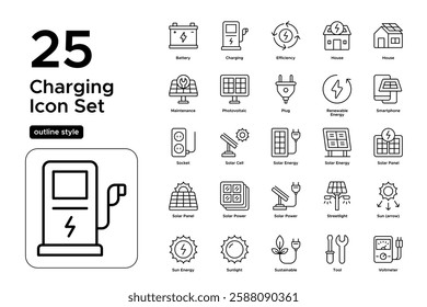 Future of Solar Energy. Sustainable Innovation, Solar Batteries, and Renewable Electricity. Vector Illustration. Outline icon set