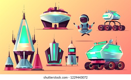 Future space exploring technologies, planets colonization architecture cartoon vector icons set. Futuristic starships, space stations buildings, astronaut and Mars rovers illustrations collection