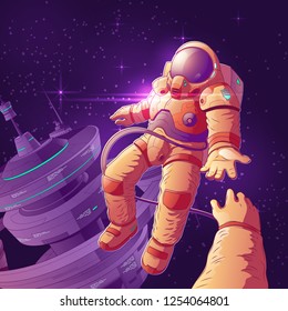 Future space tourists couple on orbit cartoon vector concept with astronaut in futuristic spacesuit flying in weightlessness among stars near starship, giving hand to colleague or friend illustration