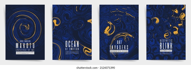 Future space universe abstract template design with typography for poster, flyer, event brochure, placard, presentation or cover. Black blue yellow colors, rounded neon shapes background set.