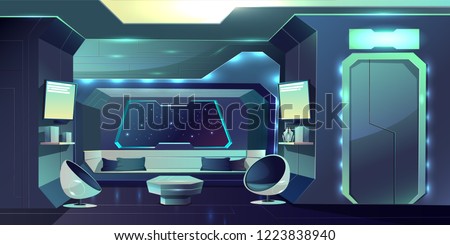 Future spaceship crew cabin futuristic interior cartoon vector illustration. Fiction live space station internal arrangement, apartment of hotel on Earth orbit, planet colonists comfortable dwelling