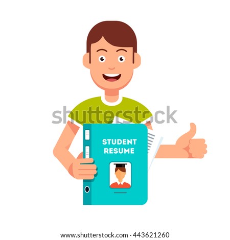Future student holding and showing his resume and submission papers folder. Guy with smiling face making thumb up gesture. Flat style vector character illustration.