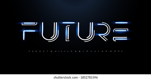 Future Style Alphabet. Line Innovation Font, Cyber Tech Type For Innovate Futuristic Logo, Techno Monogram, Network And Hud Graphic. New Technology Science Style Letters, Vector Typography Design