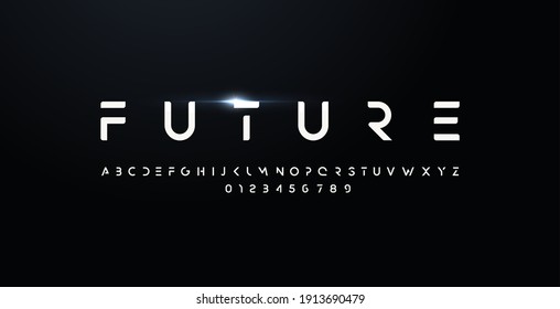 Future style font, bold letters and numbers. Futuristic design type for modern logo. Minimalist vector typography for digital device and hud graphic element. Cropped style alphabet