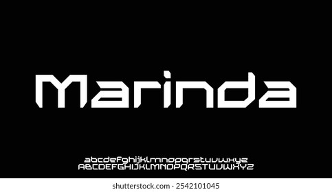 Future style font, bold letters and numbers. Futuristic design type for modern logo. Minimalist vector typography for digital device and hud graphic element. Cropped style alphabet
