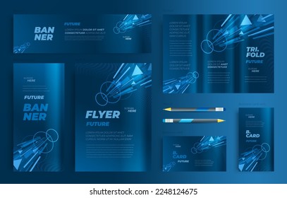 Future style identity Set flyer cover, tri-fold, banner, roll up banner, business card blue color