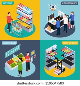 Future Super Market Isometric Design Concept, Automated Cash Desk, Cart, Augmented Reality, Robotic Shop Isolated Vector Illustration