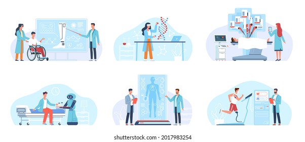 Future surgery technologies. Futuristic healthcare, robotic medicine, doctors manage operations, cyborg and people interaction. Artificial intelligence. Vector cartoon flat isolated set