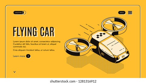 Future taxi service isometric vector web banner. Flying car, futuristic copter with two propellers for passenger transportation line art illustration. City transport technological startup landing page