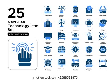 Future of Tech and AI Innovations. Cybersecurity, Virtual Reality, and Automation. Vector Illustration. Solid duo tone icon set