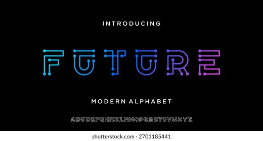 Zukünftige Schriftart für technische Schaltkreise. Neonschriftart mit digitaler Netzwerkvektorgrafik.