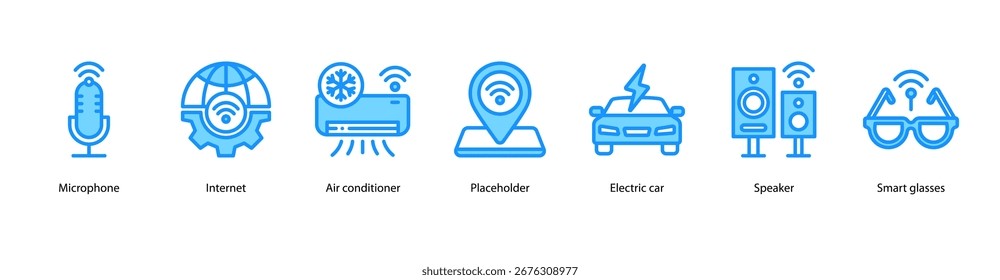 Future Tech Devices web banner illustration featuring Microphone, Internet, Air Conditioner, Placeholder, Electric Car, Speaker, and Smart Glasses.
