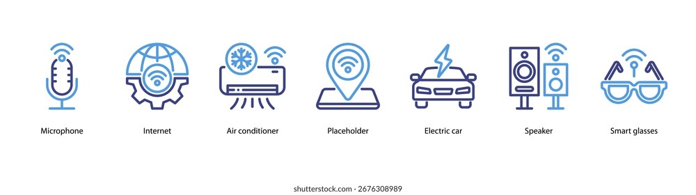 Future Tech Devices web banner illustration featuring Microphone, Internet, Air Conditioner, Placeholder, Electric Car, Speaker, and Smart Glasses.
