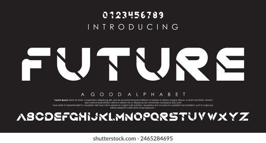 Future Tech font, digital alphabet, featuring thin Latin letters A to Z and numerals 0 to 9, designed for a futuristic cyber aesthetic