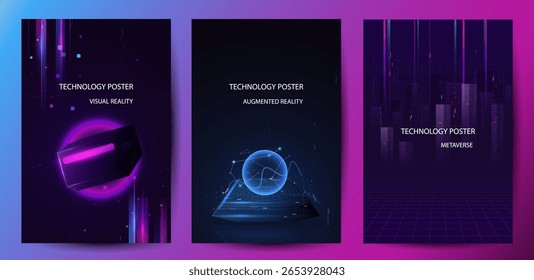 Future Tech Posters Set. Visual Reality And Augmented Reality. Technology Metaverse Concepts