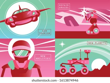 Future technologies 2x2 design concept set of  air tourism repair droids planet rover flat compositions vector illustration 