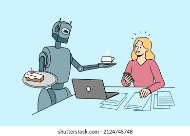 Future technologies and Artificial intelligence concept. Smiling girl sitting working and taking coffee and cake from robot bot communicating with her vector illustration 