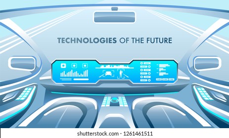 Future Technologies Banner with Smart Autonomus Intelligent Vechile. Self Driving Electric Car Cabine. Highway Traffic Security System with Wireless Internet Connection. Vector Illustration.