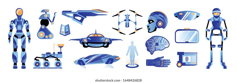 Tecnologías futuras conjunto de colores del planeta hologramas realidad virtual guantes de chip implantes drones drones aislados iconos vectoriales