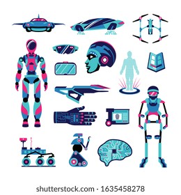 Future technologies color set of virtual reality gloves planet rover vehicle for air tourism chip implants droids vector illustration