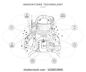 Future technologies in cosmos operations, automatics robot systems and innovations industry from awesome internet developments. Made in really geometry style with linear pictogram of future design