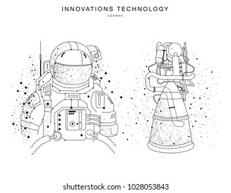 Future technologies in cosmos operations, automatics robot systems and innovations industry from awesome internet developments. Made in really geometry style with linear pictogram of future design