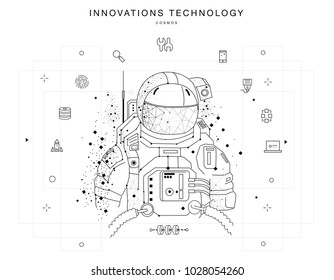 Future technologies in cosmos operations, automatics robot systems and innovations industry from awesome internet developments. Made in really geometry style with linear pictogram of future design